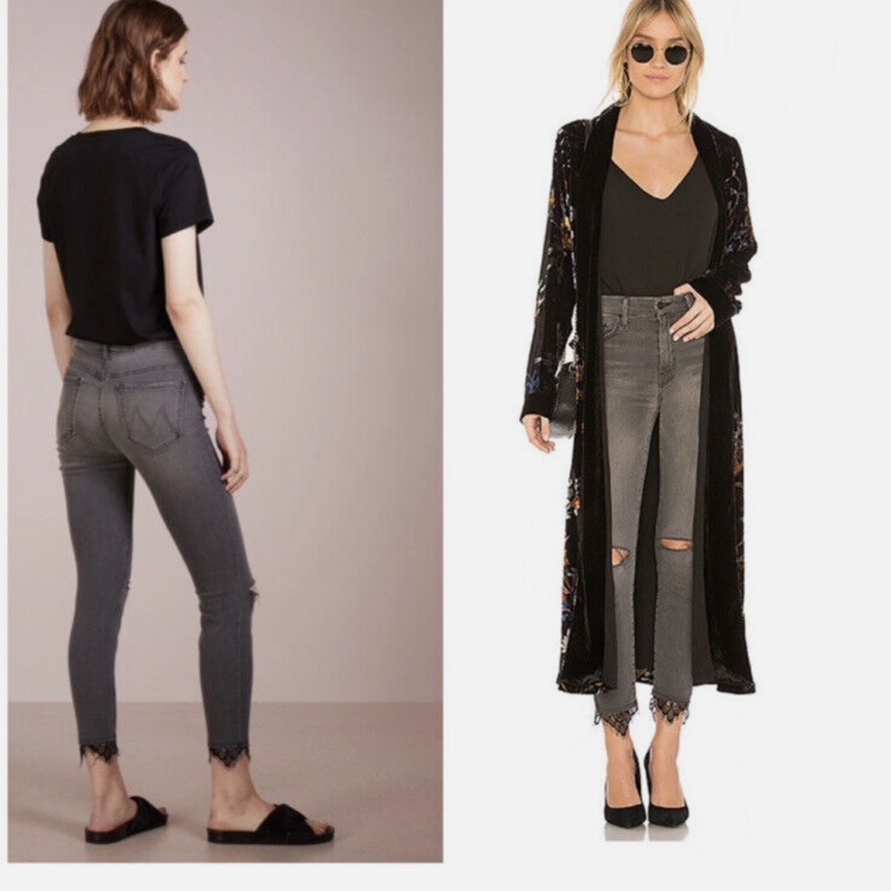 Mother High Waist Looker Lace Trim Grey Jeans